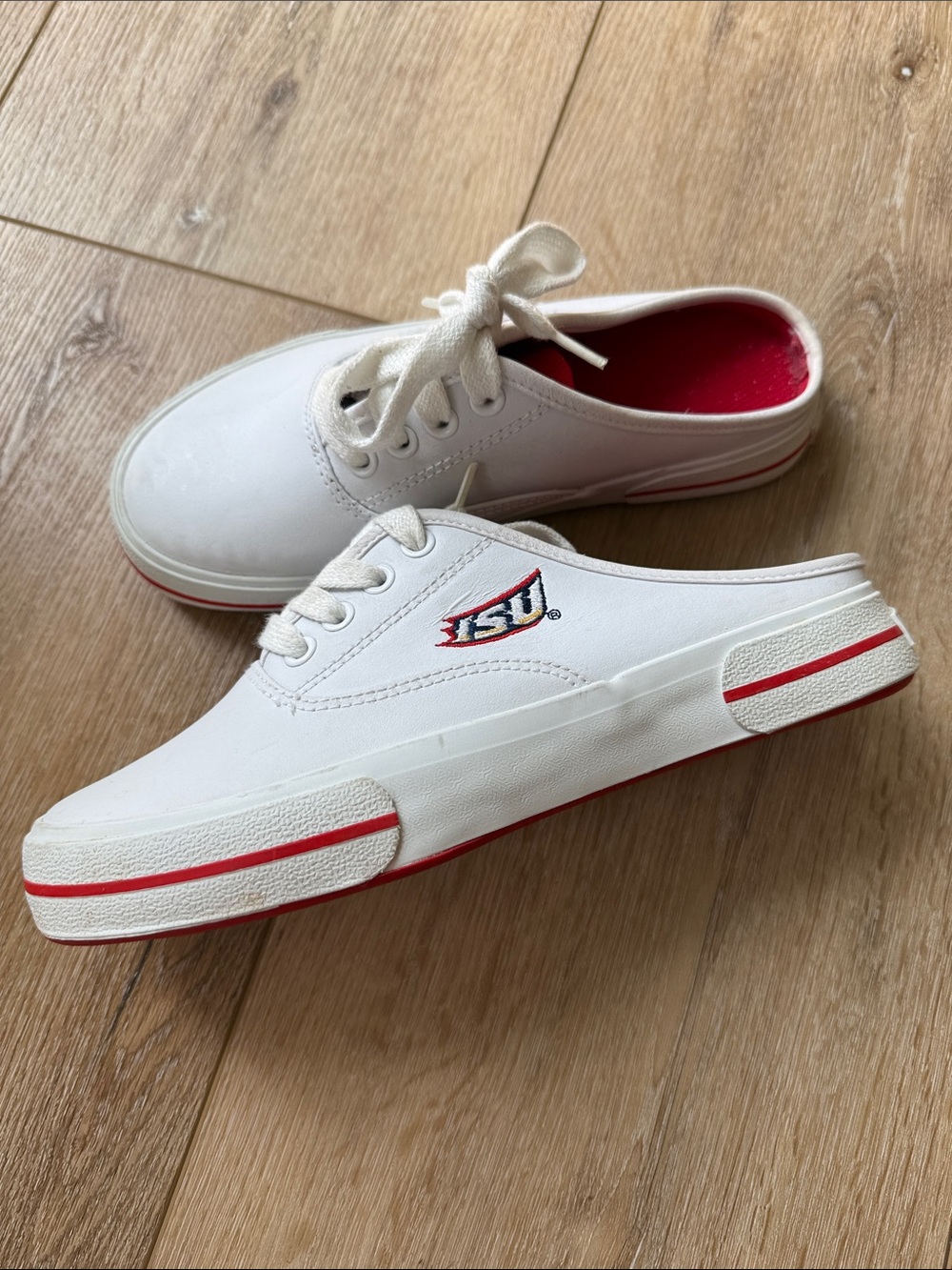 Vintage Iow State White Slip-On Canvas Sneakers with Red Trim‎ Size 6 AND 7.5